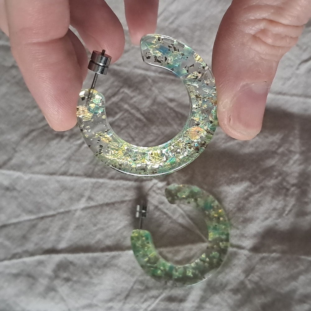 Green Sparkle Resin Hoop Earrings